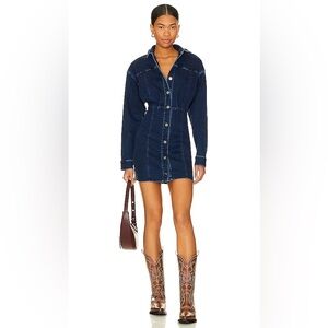 Denim Button-Front Mini Dress - Dark Blue